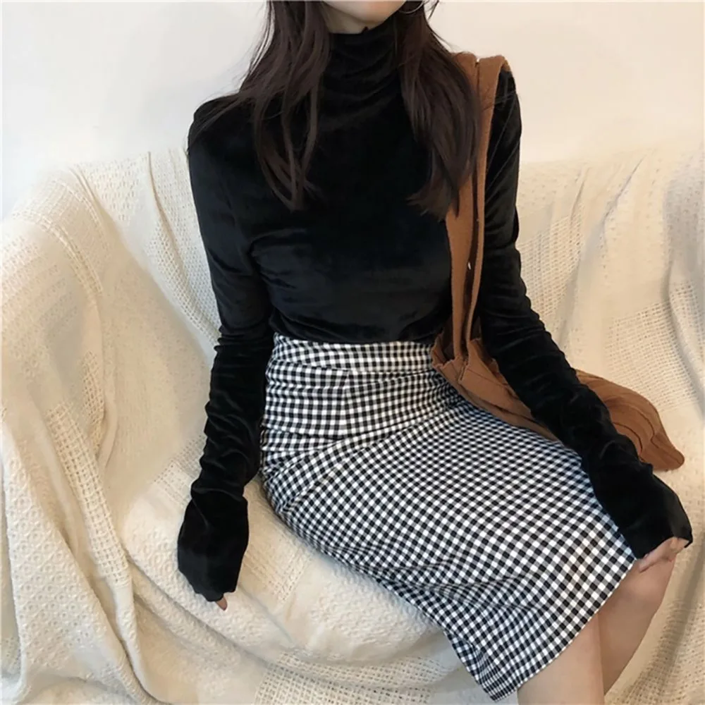Women T-Shirt  Soft Fleece Velvet Turtleneck Shirt Solid Long Sleeve Autumn Fitness Vintage Girls Bottom Tops Women Clothing