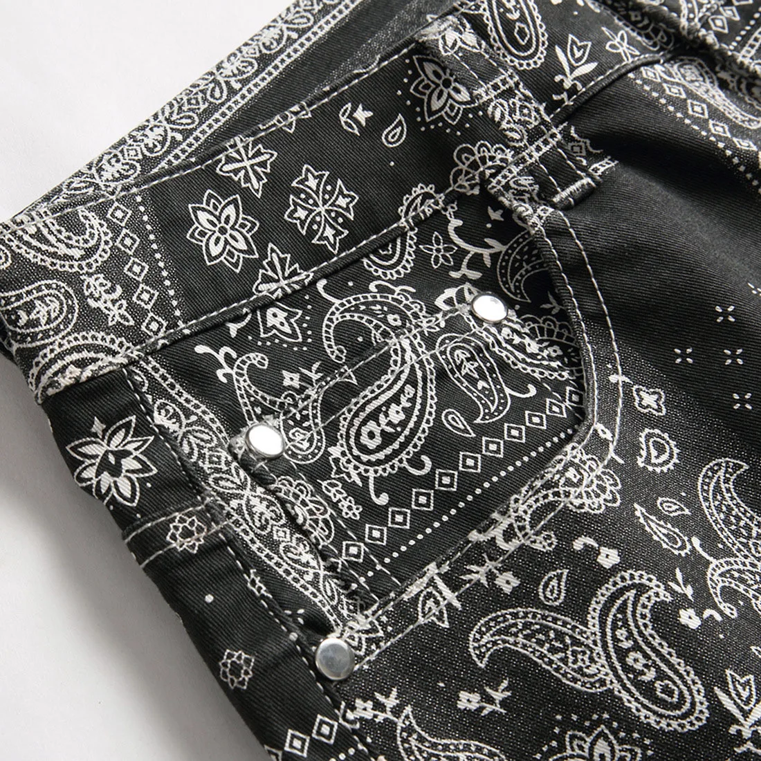 Men Paisley Bandanna Printed Jeans Fashion 3D Digital Painted Stretch Denim Pants Slim Straight Black Trousers 3