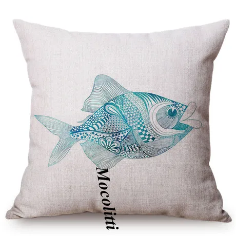 Blue Ocean Animal Sea Turtle Conch Watercolor Decorative Sofa Throw Pillow Cover Lobster Sea Horse Shell Pattern Cushion Cover M122-6