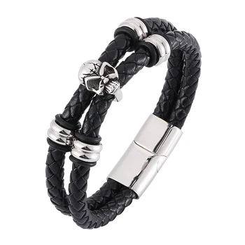 

Men Jewelry Black Braided Leather Bracelet Skull Stainless Steel Skeleton Bracelet Male Magnetic Clasp Bangle PD0328