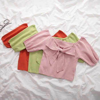 

HELIAR Off Shoulder T-shirts Women Bowknot Crop T-shirts Cotton Ladies Fashion Solid Short Sleeve T-shirts Women