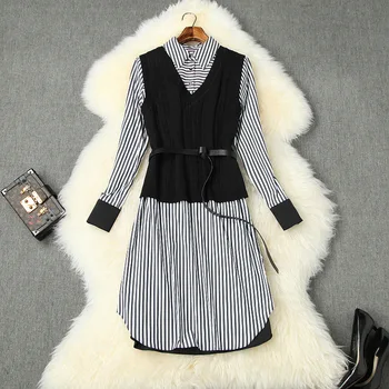 

New Dress Women Spring 2020 Turn Down Collar Long Sleeved Stripes Stitching Knitted Fake Two Piece Shirt Dress Knee Length S-XL