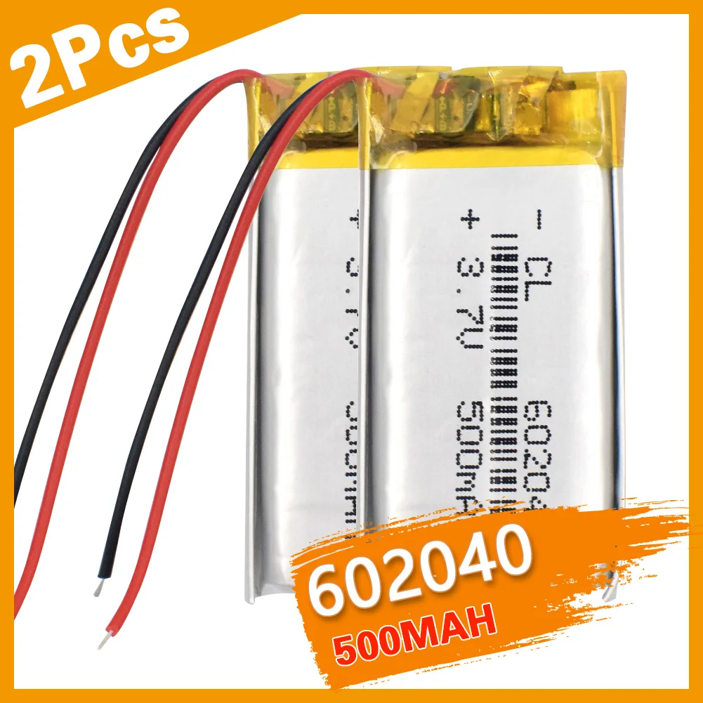2 pièces 3.7V,500mAH,602040 polymère lithium ion/li-po batterie Rechargeable pour jouet, batterie externe, GPS,mp3,mp4, téléphone portable, haut-parleur