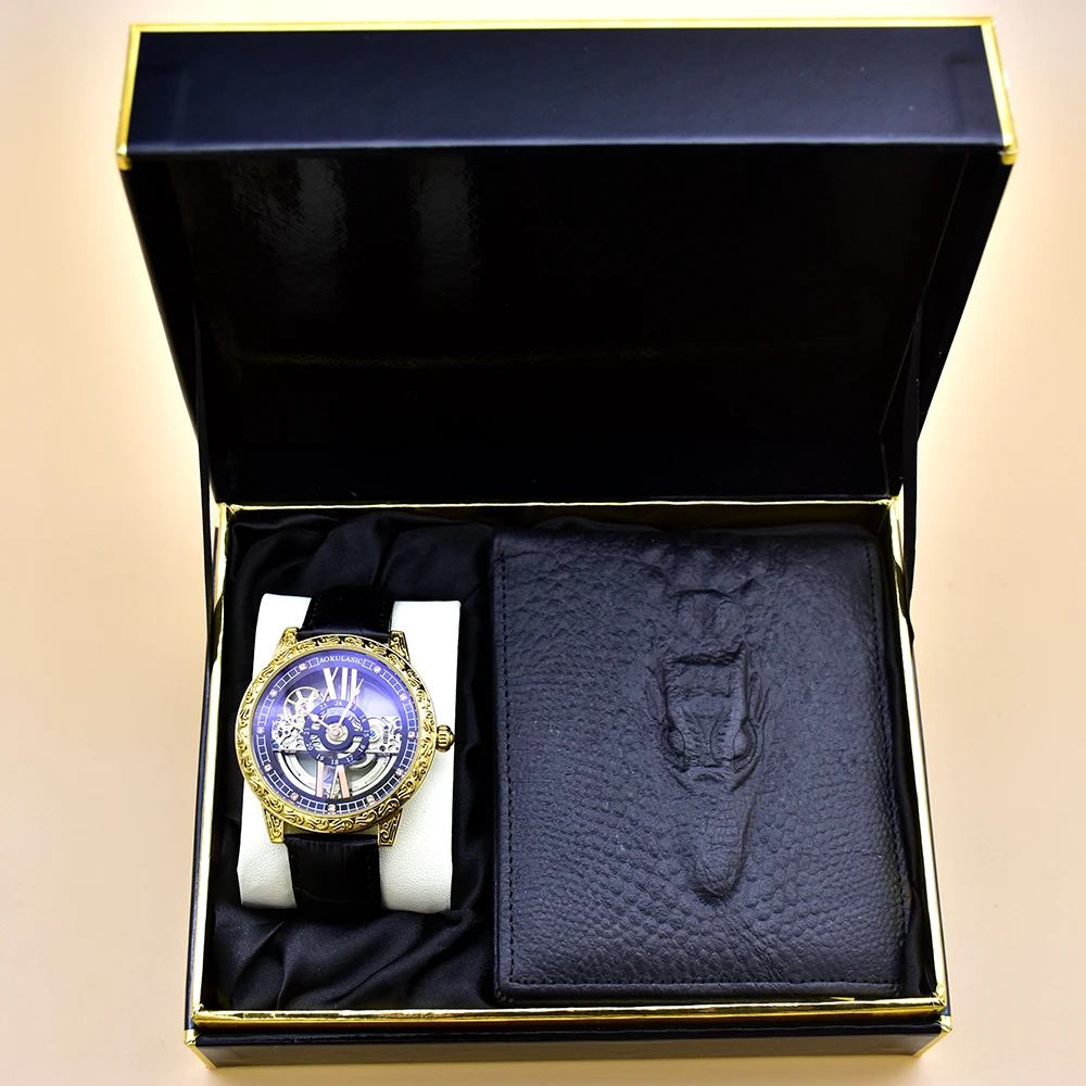 

Fashion Men Watches Set Mechanical Carved Hollow Tourbillon Wristwatches Man Luminous Watch Genuine Leather Wallet With Gift Box