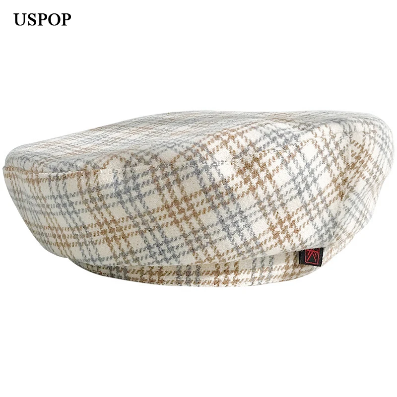 

USPOP 2019 New Autumn hats women wool berets vintage plaid beret British flat top wool hats