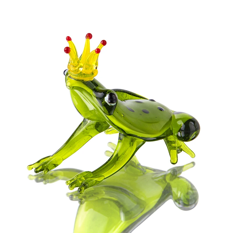 

H&D Prince Frog Glass Figurines Collectible Green Hand Blown Painted Art Animal Miniature Home Garden Decor Statue Gift For Kids