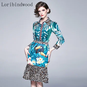 

Leopard Print Two Piece Sets Female Lapel Collar Shirt Blouse + High Waist Parrot Ruffle Pleated Skirt Suits Women Outfits