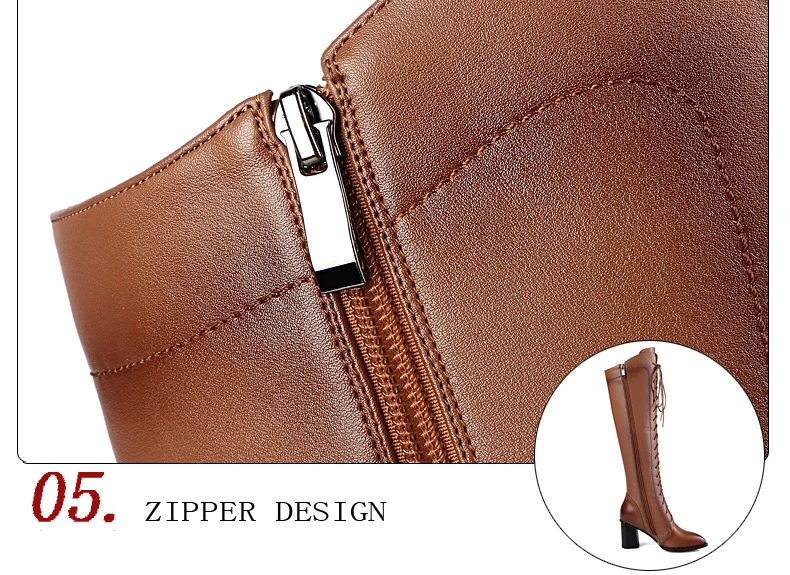 Full Grain Genuine Leather Handmade Cow Boots High Over The knee Black Shoes For Woman Short Plush Inside Zipper Med Heels