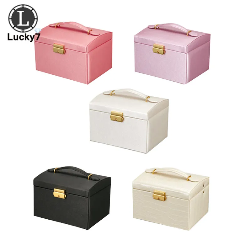 

PU Leatherette Three Layer Makeup Case Travel Jewelry Organizer with Lock and Mirror Gift Box For Jewelry Storage Collection Box