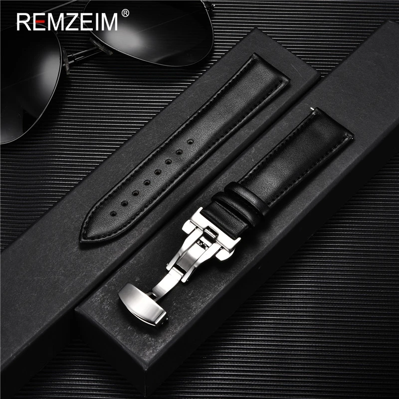 REMZEIM Calfskin Leather Watchband with Stainless Steel Butterfly Buckle
