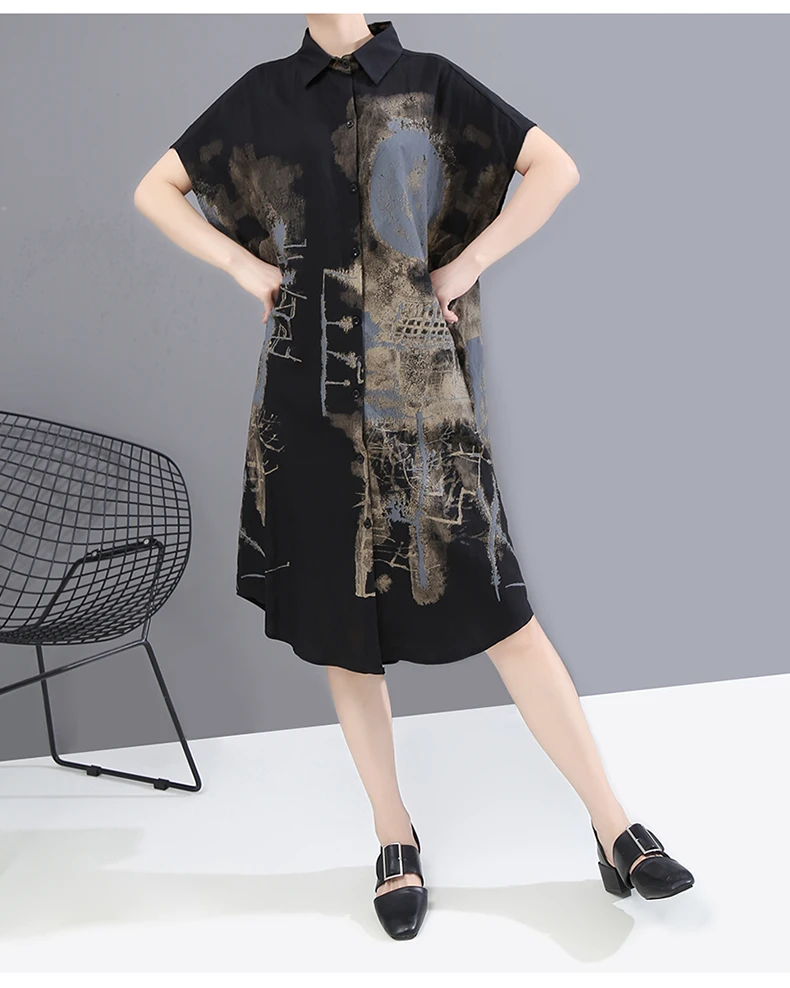 New Fashion Painted Style Black Vintage Shirt Dress