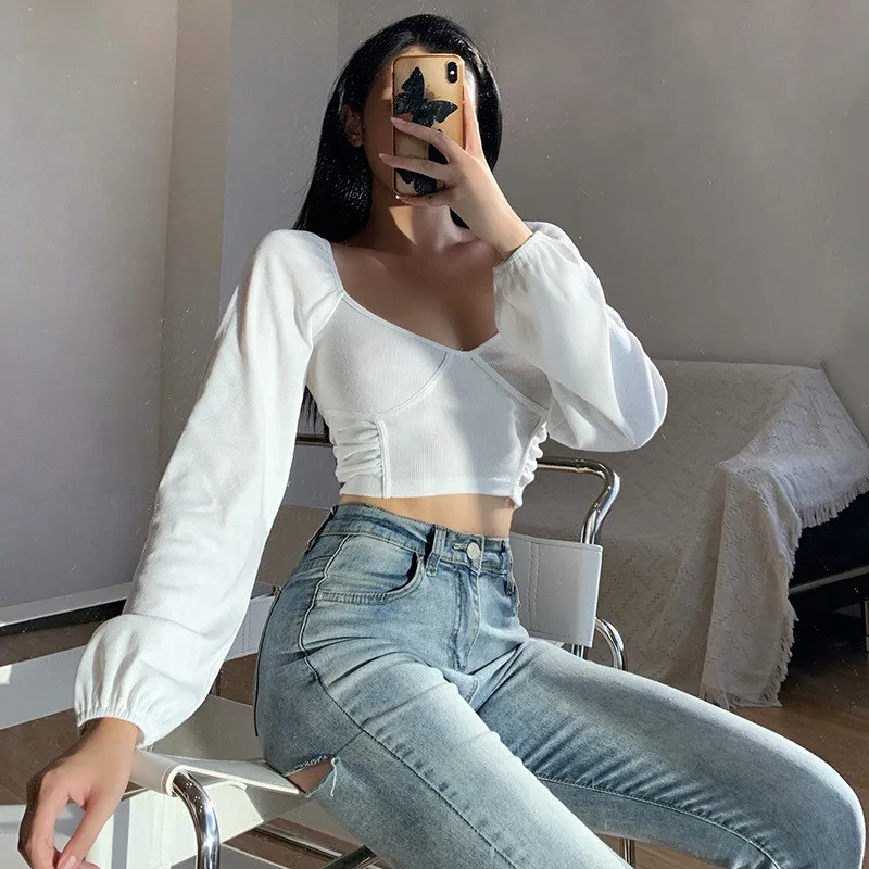 Autumn Women's White Top, Solid Color Round Neck Low-cut Slim T-shirt, Sexy Cropped Short Bottoming Shirt Female Street Wear