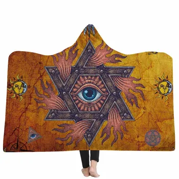 

2019 NEW Yellow Ancient Mandala Eyes Retro Blanket Winter Thick Warm Hooded Blankets Coral Fleece Blankets Wrapped Throw On Sofa