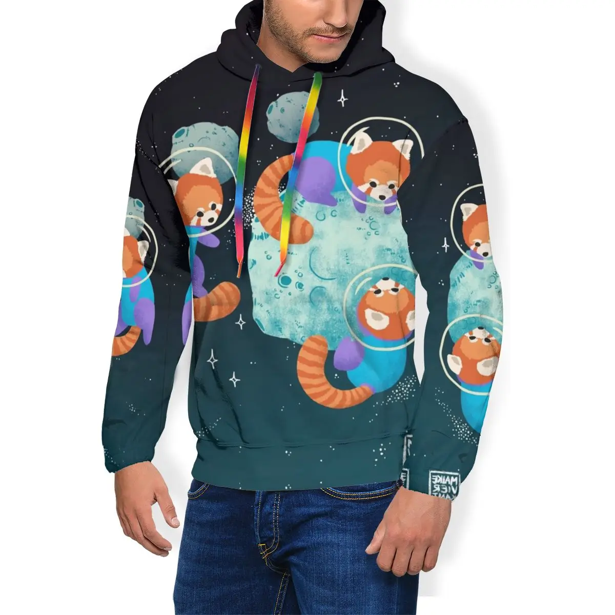 Худи с красной пандой, худи с красной космической пандой, Осенний крутой пуловер, толстовка с капюшоном серого цвета из полиэстера, мужские длинные толстовки с капюшоном