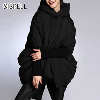 

SISPELL Asymmetrical Hem For Female Cotton Jacket V Neck With Hat Long Sleeve Looes Warm Women's Casual Coats Fashion Winter