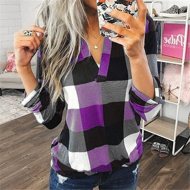 Purple Модная женская трендовая одежда, повседневная хлопковая Футболка с v-образным вырезом, клетчатые рубашки с длинным рукавом, женская Свободная блузка размера плюс, топы - Цвет: Purple
