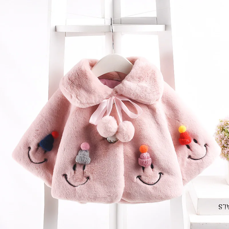 

Winter Baby Girls Cartoon Smiling Face Lapel Collar Faux Fur Fleece Jacket Princess Party Children Kids Outerwear Coats casaco
