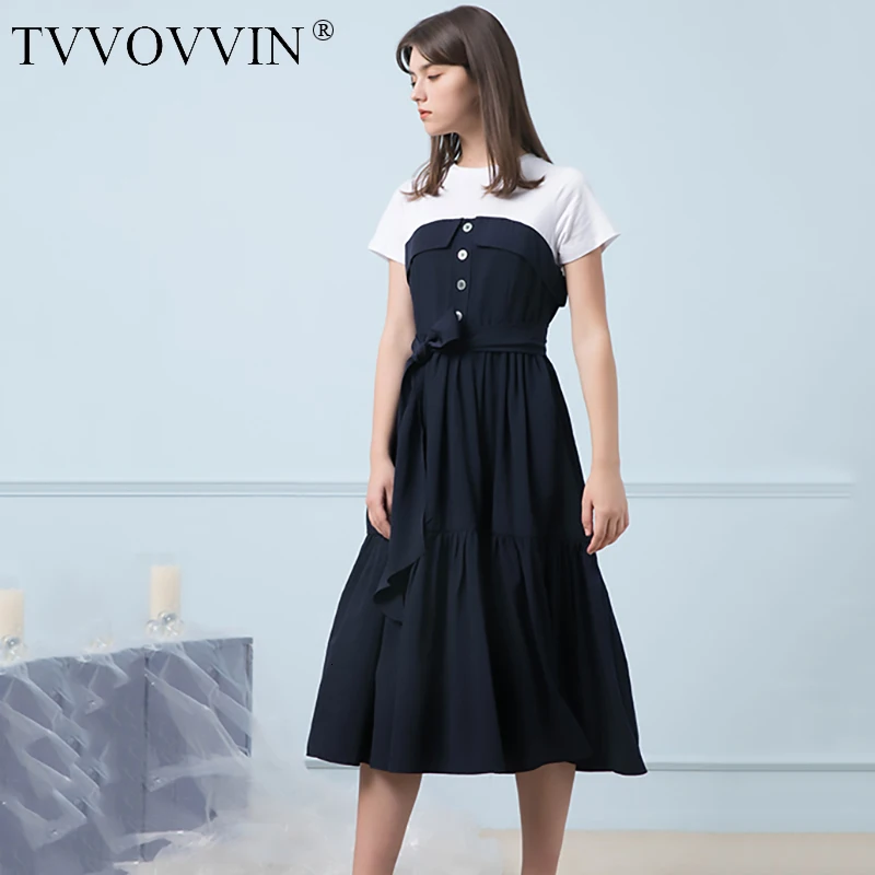 Tvvovvinin Новое весенне-летнее платье с круглым вырезом и короткими рукавами, пуговицами и бантиком, Стильное женское платье D109