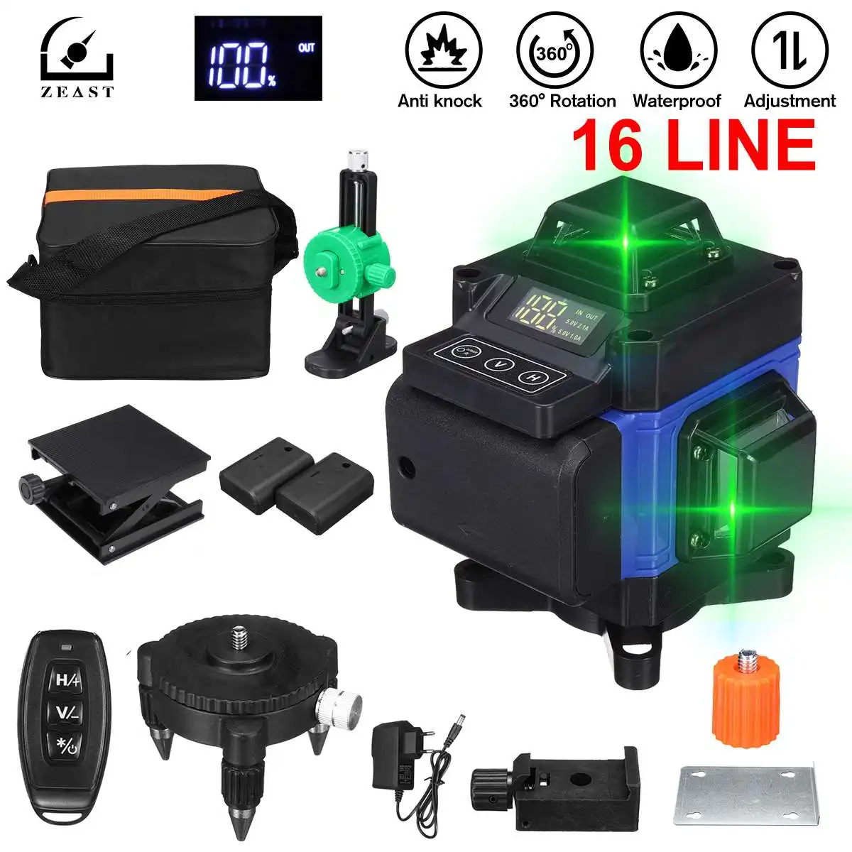 16 Lines 4D Laser Level Green Line Self Leveling Horizontal &amp360 Degree Vertical Cross with 2xBattery for Outdoor | Инструменты