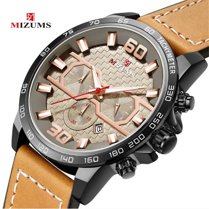 MIZUMS Casual Sport Watches for Men Top Brand Luxury Military Leather Wrist Watch Man Clock Fashion Chronograph Wristwatch 8036 |