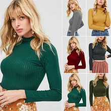 Модная женская осенняя Повседневная тонкая однотонная женская хлопковая футболка в рубчик с высоким воротником и длинными рукавами трикотажный пуловер Футболка