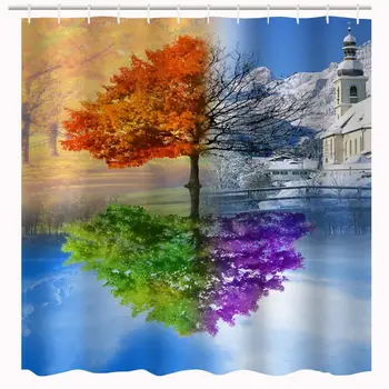 

Nature Tree Shower Curtain, Four Seasons Tree Life Reflection in Water Vibrant Art Print Bath Curtain, Colorful Waterproof