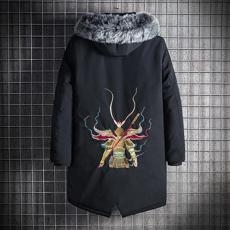 Retro Long Sleeve Parkas Men Winter Jacket Warm Oversized Coat Hip-Pop Embroidery Hooded Long Jackets For Men KK3039