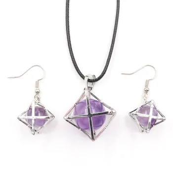 

Merkaba Symbol Star Point Silver Plated Amethysts Stone Necklace Drop Earrings Opalite Opal Spiritual Jewelry Sets