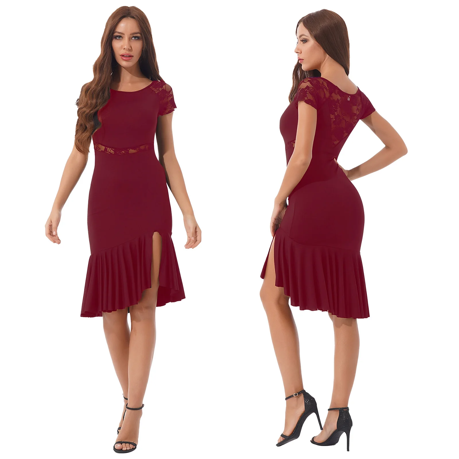 Women See-through Floral Lace Patchwork Latin Jazz Dance Dress Ladies Ballroom Side Slit Ruffled Hem Dresses