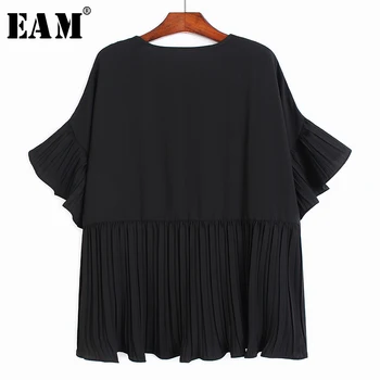 

[EAM] Women Black Brief Ruffles Pleated Big Size T-shirt New Round Neck Half Sleeve Fashion Tide Spring Summer 2020 1U191