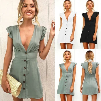 

2019 Fashion Women Spring Summer Sexy V-Neck Button Design Dress Folds Ladies Beach Sleeveless Above Knee Dress Tank Empire