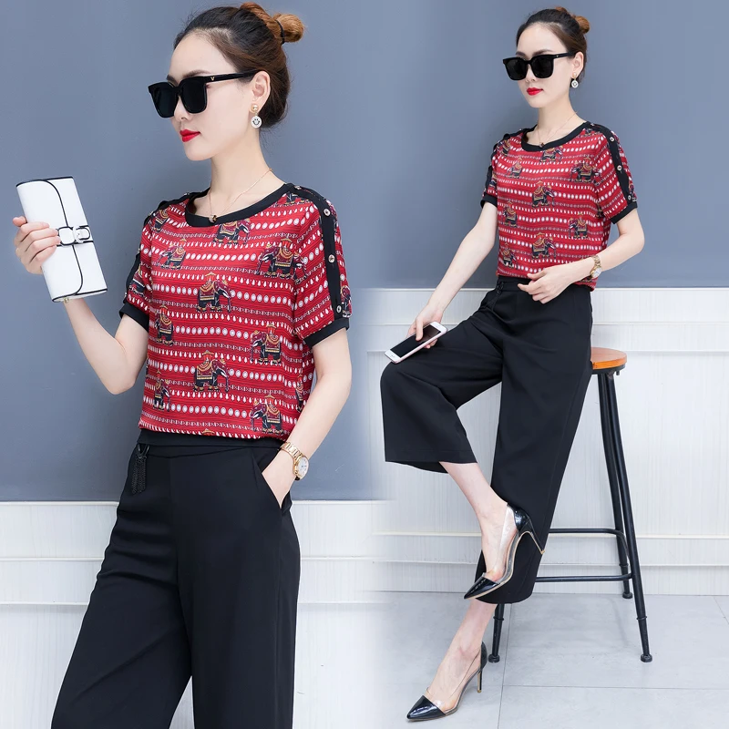 Short-sleeved Shirt Wide-leg Pants with Suit 2019 Summer Suit New Fashion Two-piece Loose Korean Women's Clothing