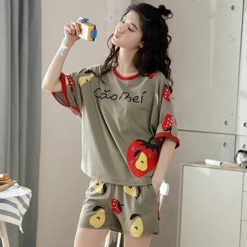 

Women's pajama set O neck short sleeve casual top short pant set thin summer soft cotton plus size night suit home wear