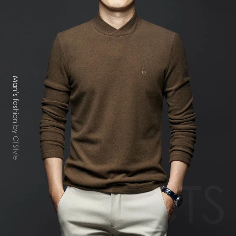 

Autumn and winter men's mid-sleeve high-neck long-sleeved T-shirt plus velvet padded warm bottoming shirt with autumn clothes an
