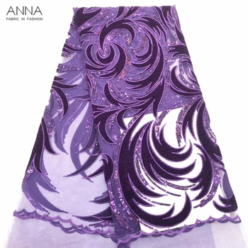

Anna african purple velvet lace fabric 2020 high quality embroidery with sequins nigerian tulle fabric french net lace for dress