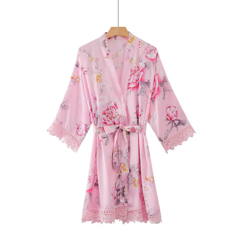 YUXINBRIDAL халаты с цветочным принтом с кружевной отделкой цветочный атласный Шелковый Свадебный невесты кимоно для невесты Халаты вечерние халат свадьба - Цвет: pink