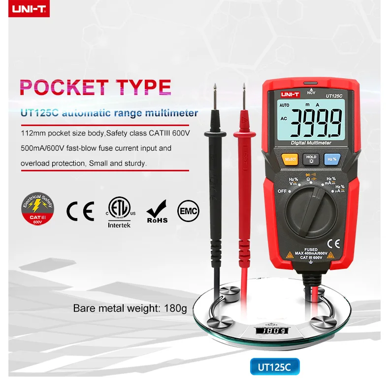 Цифровой мультиметр UNI-T UT125C карманный размер NCV тест низкого напряжения дисплей цифровой измеритель