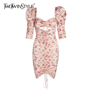 

TWOTWINSTYLE Sexy Print Party Dresses Square Collar Puff Half Sleeve High Waist Ruched Drawstring Hollow Out Dress Women Fashion