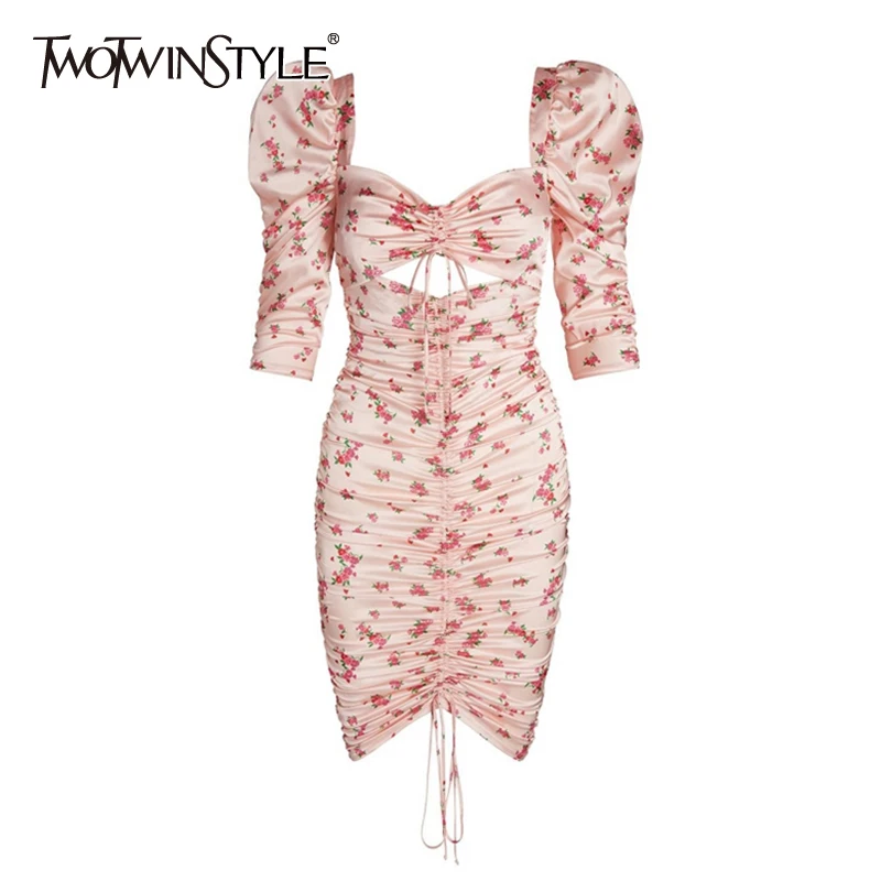 Женское платье TWOTWINSTYLE с квадратным вырезом и рукавами-фонариками высокой талией