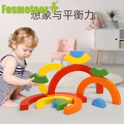 Fosmeteor madeira colorido arco íris blocos de construção diy criativo empilhamento alto montessori aprendizagem brinquedos de madeira para o bebê criança brinquedos
