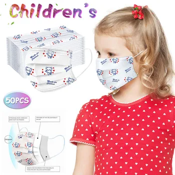 

50PCs Cute Cartoon Print Child Mask Disposable Face Mask 3 Ply Protective Mouth Masks Outdoor Dustproof Mask For Kids Mascarilla