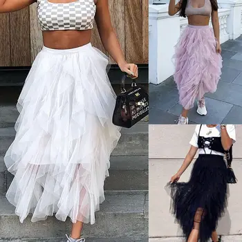 

Fashion Women Girls Double Layers Tulle Pleated Retro Long Maxi Dress Elastic Waist Skirt Boho Party Beach Holiday Mesh Skirts