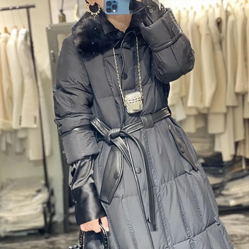 Luxury Mink Fur Collar Splice Down Coat Women Winter Streetwear Thick Warm  Medium Long Jacket Sheepskin Single Breasted Outwear