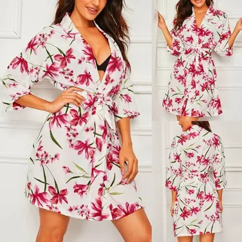 

#ka New Women Chiffon Printed Long Sleeve Pajamas Sleepwear Robe With Belt Bathrobe Casual Sleepwear Underwear Suit пижама
