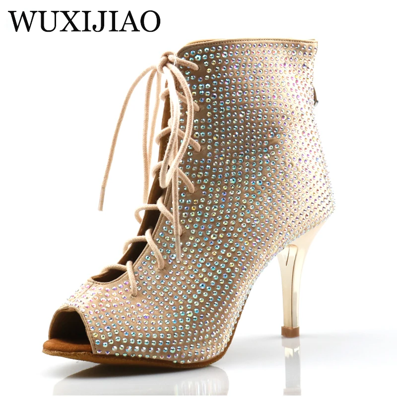 

WUXIJIAO Damskie buty do tańca latynoskiego Satynowa skóra Buty do tańca towarzyskiego Brokat Rhinestone Butik na wysokim obcas