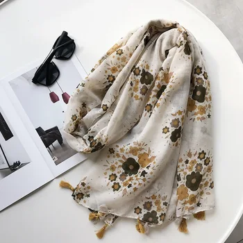 

2020 luxury fashion flower cotton linen scarf ladies spring and autumn long silk scarf summer air conditioning sun-proof shawl