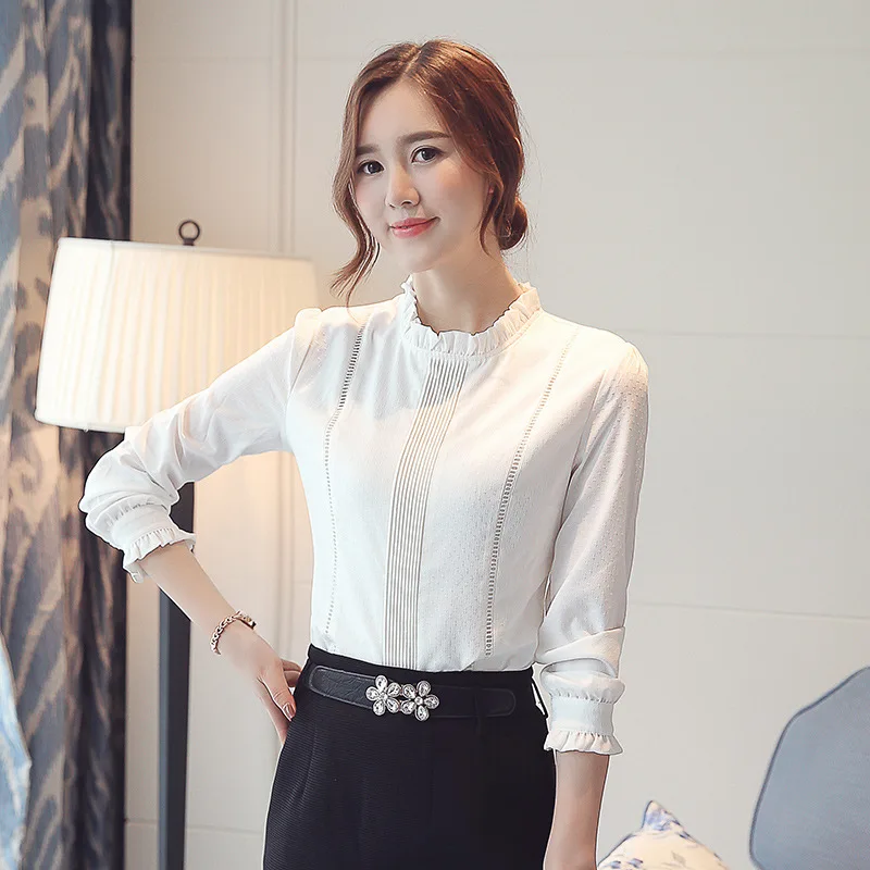 

Anqi Pull 2019 Autumn New Style Korean-style Stand Collar Chiffon Shirt Solid Color Ol Versatile Slim Fit Tops WOMEN'S Shirt Hot