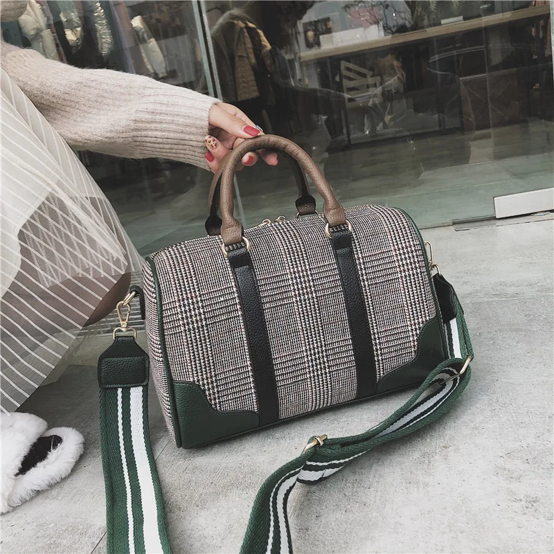

2018 Autumn And Winter New Style Fashion Korean Versatile Large Capacity Shoulder WOMEN'S Bag Boston Bag Retro Casual Plaid Shou