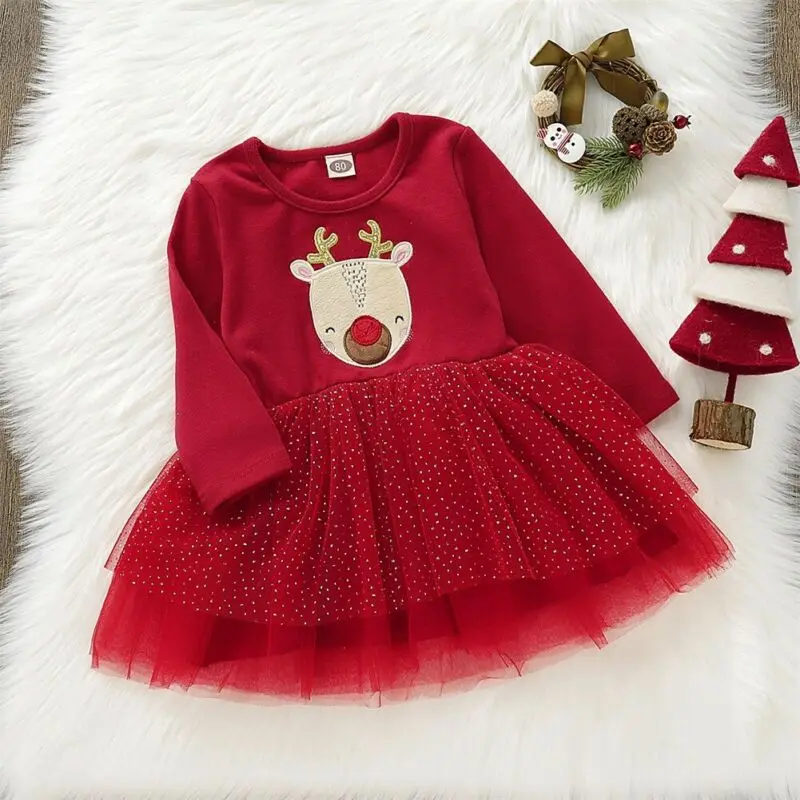 Emmababy, коллекция года, рождественское красное платье с оленем для маленьких девочек, рождественское хлопковое платье с длинными рукавами+ кружевное Повседневное платье-пачка праздничная одежда
