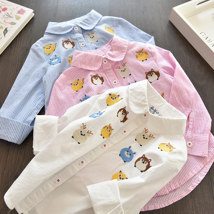 

2018 Spring Clothing New Style Girls Korean-style Long-sleeved Shirt Owl Cartoon Embroidered Fold-down Collar Stripes Shirt